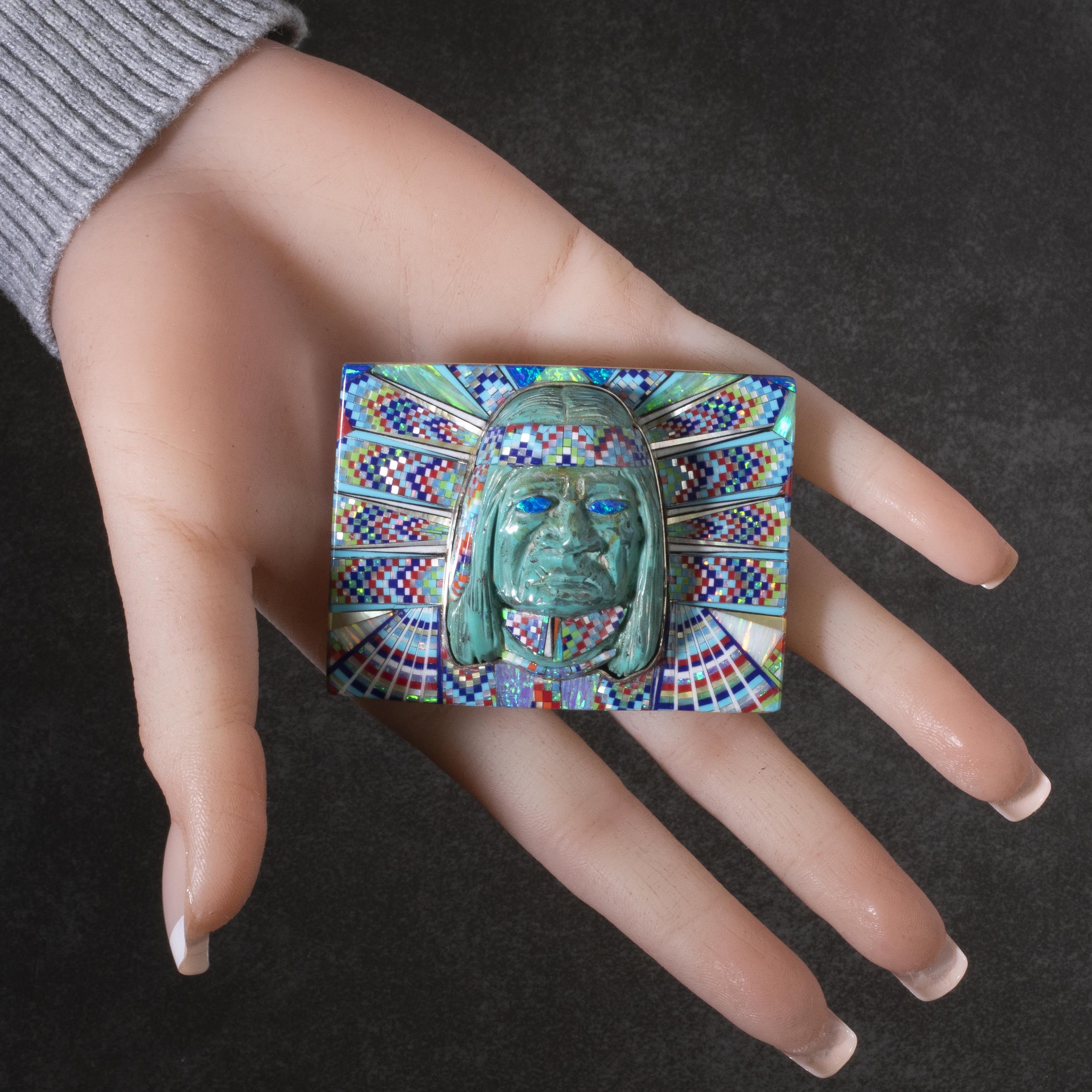 KALIFANO Southwest Silver Jewelry Multi Gem Opal Micro Inlay with Genuine Turquoise Indian Chief Handmade 925 Sterling Silver Rectangular Belt Buckle AKBB2400.001