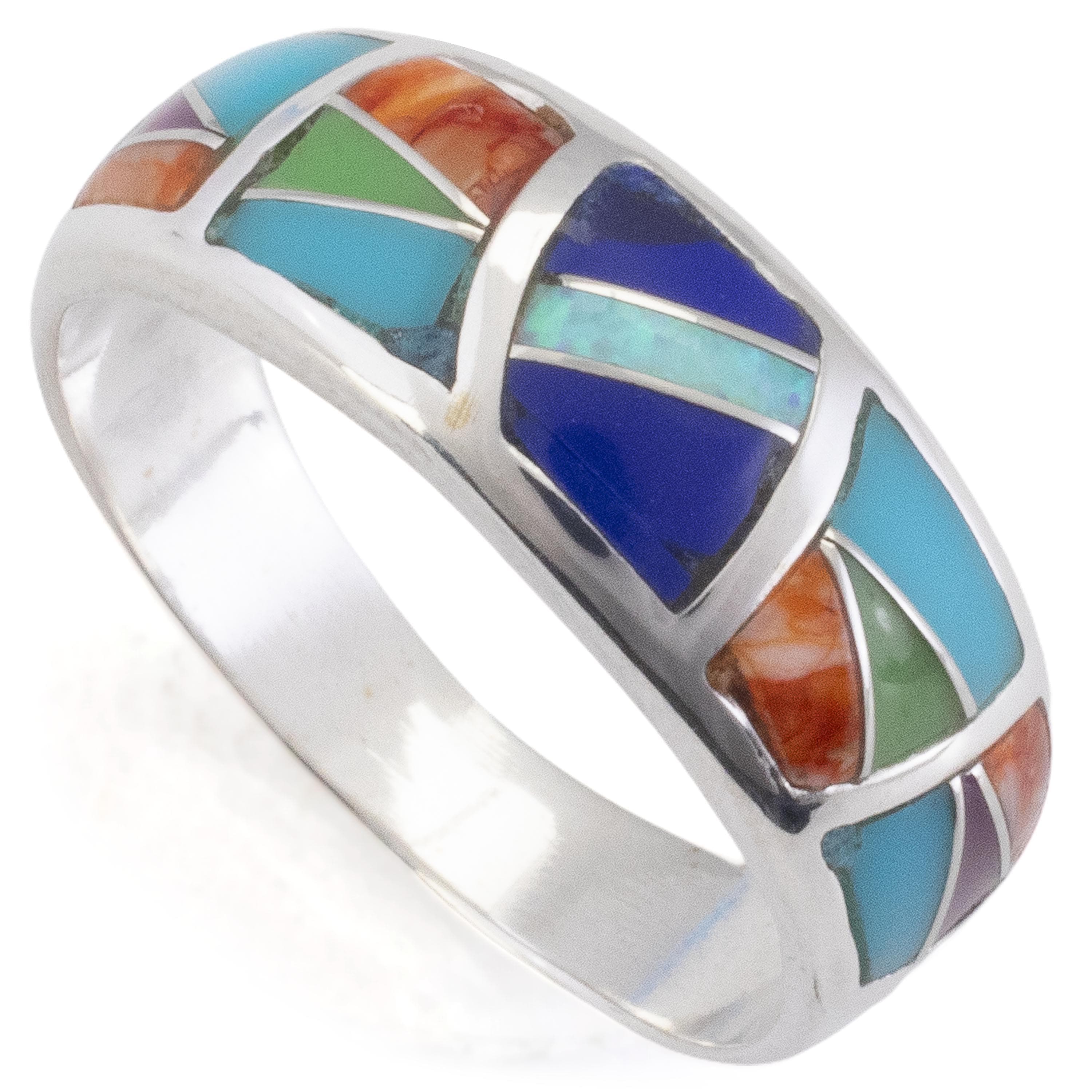 Kalifano Southwest Silver Jewelry Multi Gemstone 925 Sterling Silver Ring Handmade with Laboratory Opal Accent