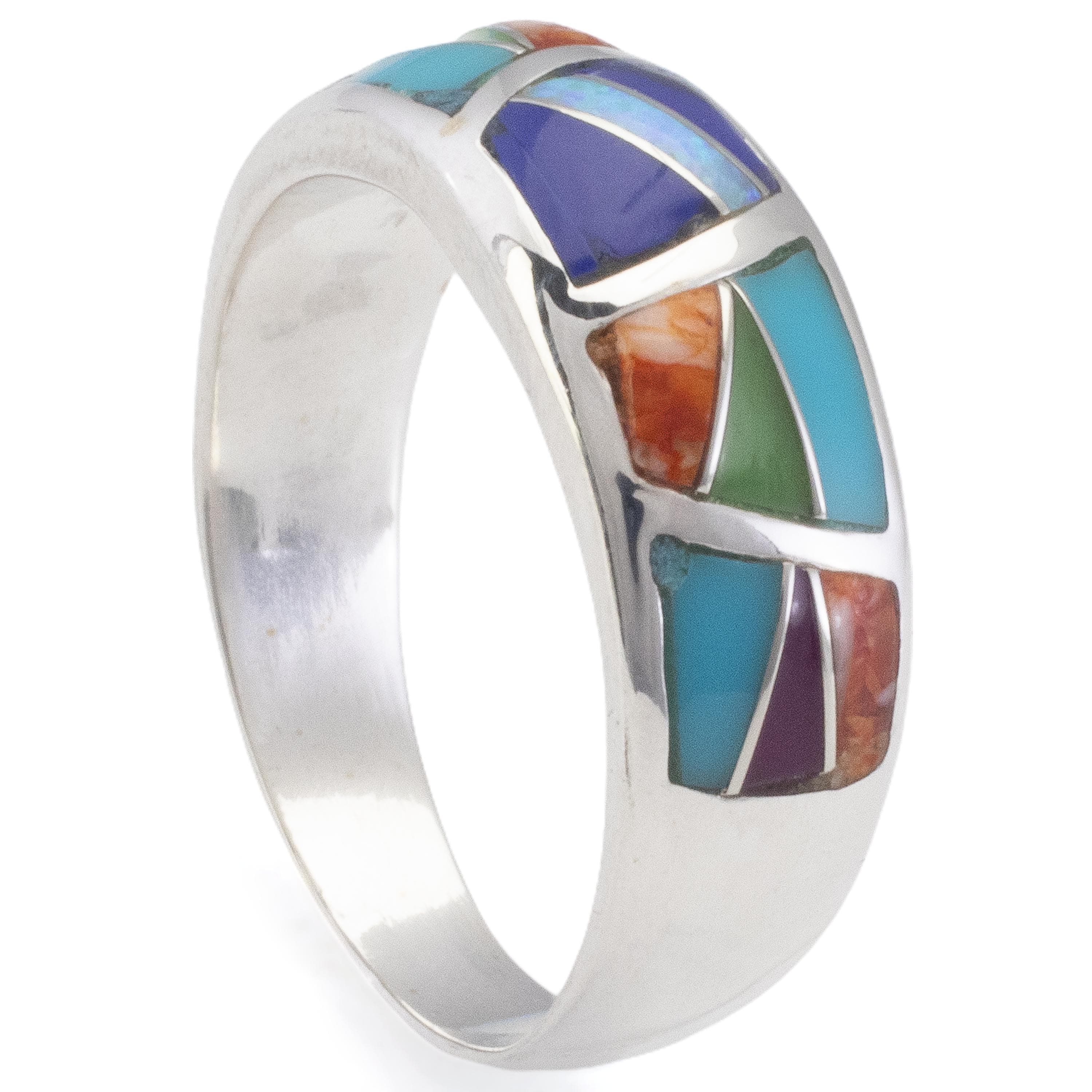 Kalifano Southwest Silver Jewelry Multi Gemstone 925 Sterling Silver Ring Handmade with Laboratory Opal Accent