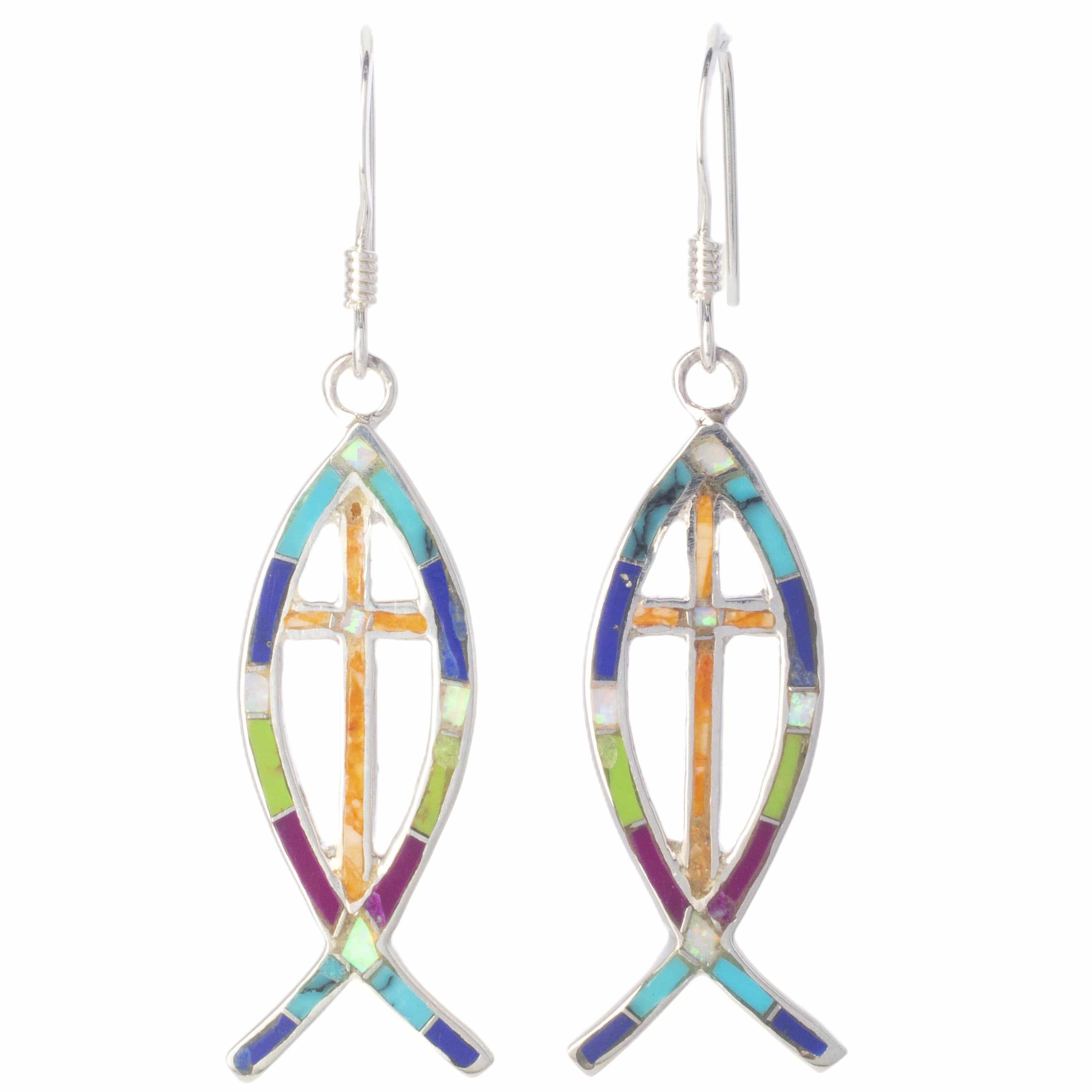 KALIFANO Southwest Silver Jewelry Multi Gemstone Fish Sterling Silver Earrings with French Hook USA Handmade with Opal Accent NME.2325.MT