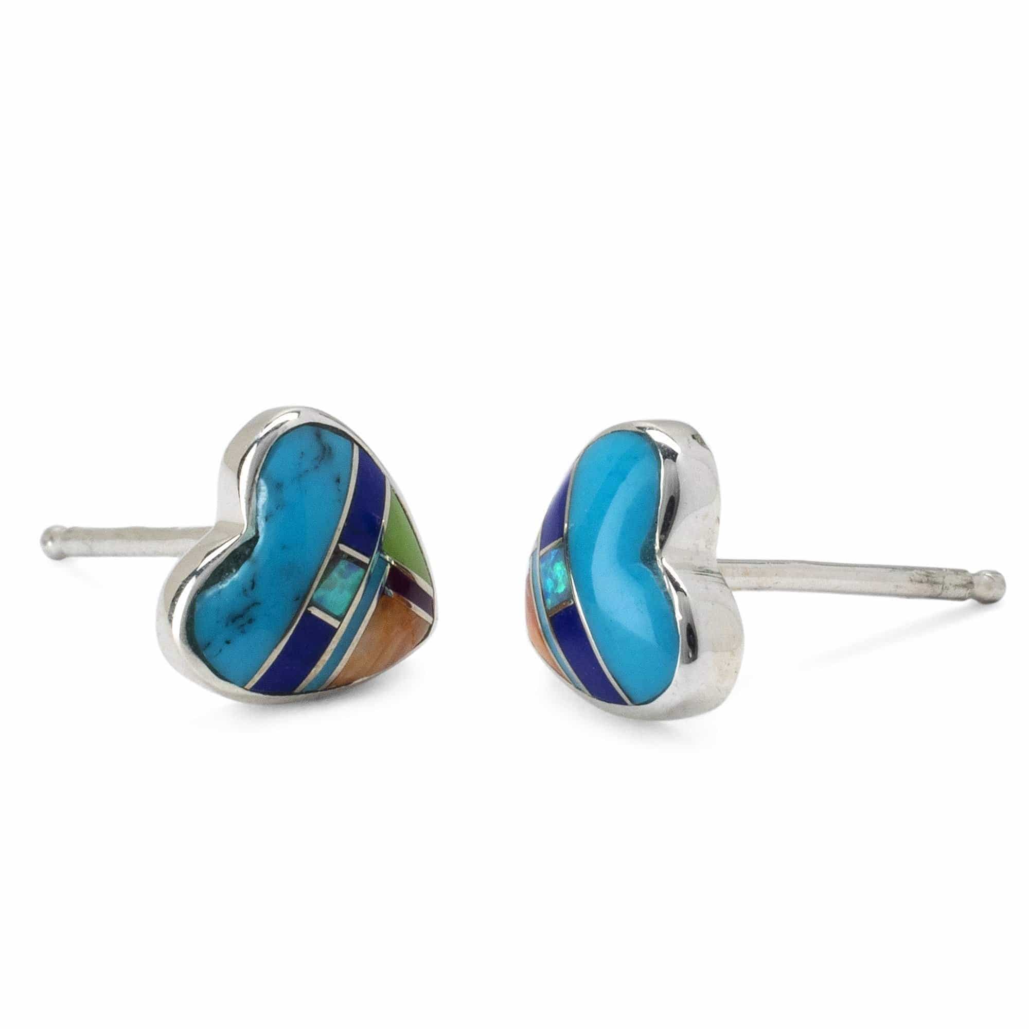 Kalifano Southwest Silver Jewelry Multi Gemstone Heart 925 Sterling Silver Earring with Stud Backing USA Handmade with Opal Accent NME.2240.MT