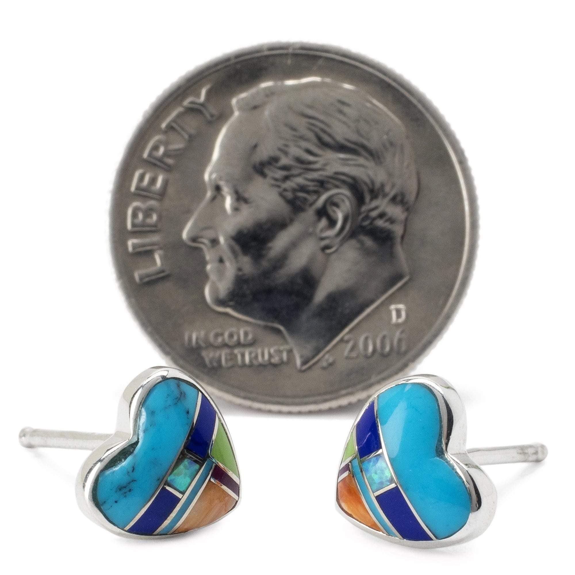 Kalifano Southwest Silver Jewelry Multi Gemstone Heart 925 Sterling Silver Earring with Stud Backing USA Handmade with Opal Accent NME.2240.MT