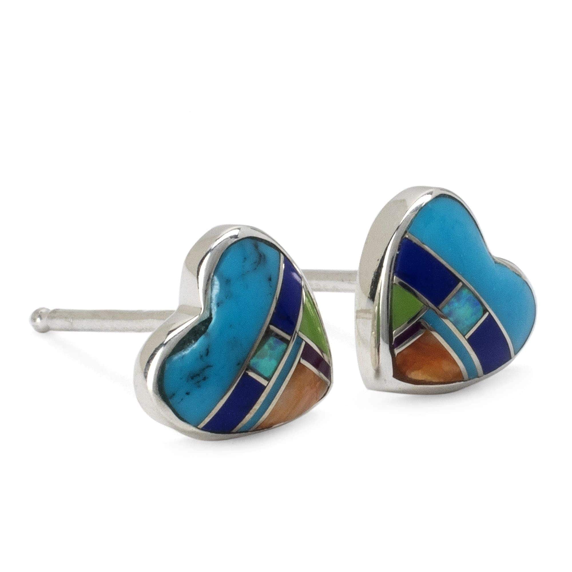 Kalifano Southwest Silver Jewelry Multi Gemstone Heart 925 Sterling Silver Earring with Stud Backing USA Handmade with Opal Accent NME.2240.MT