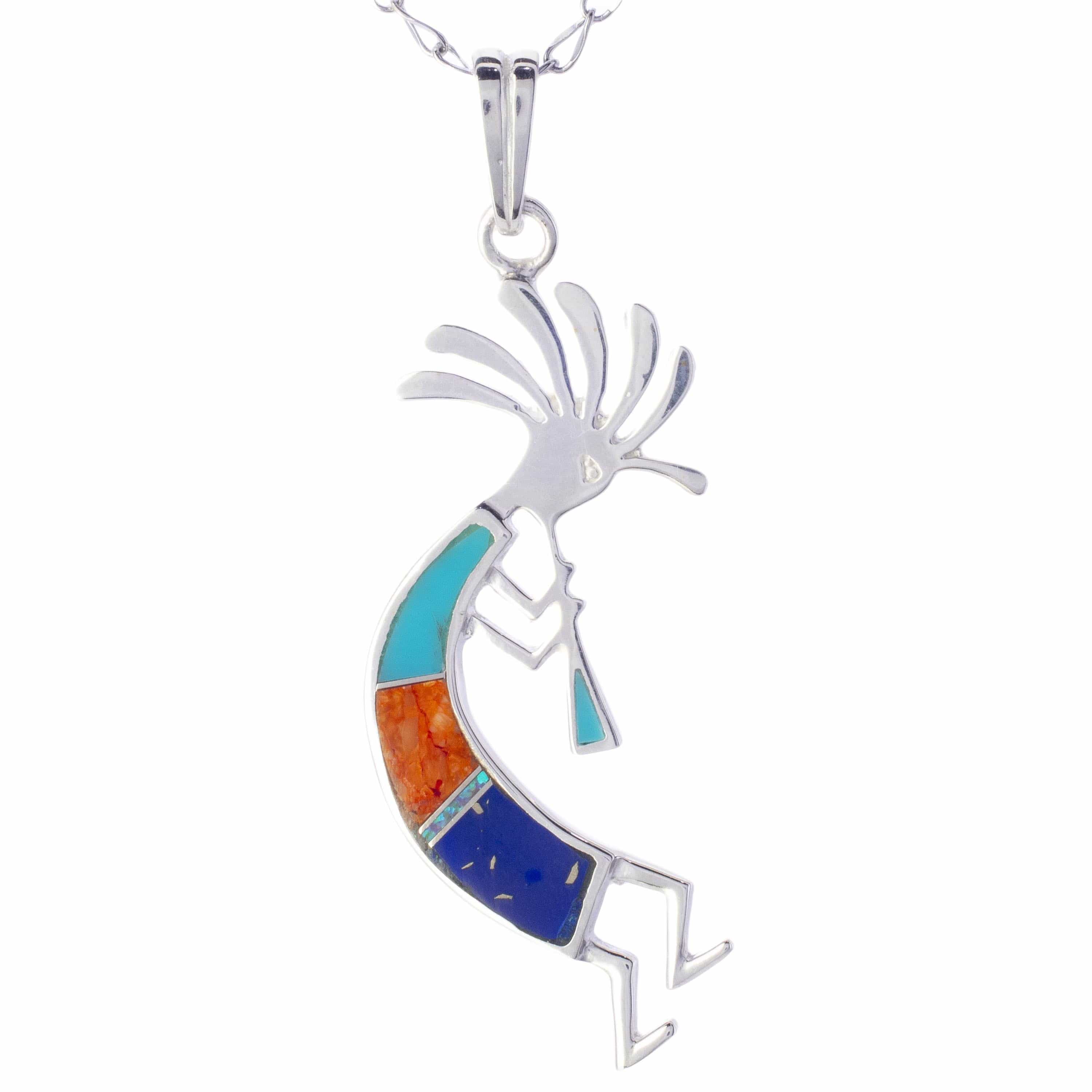 Kalifano Southwest Silver Jewelry Multi Gemstone Kokopelli 925 Sterling Silver Pendant USA Handmade with Opal Accent NMN.0441.MT