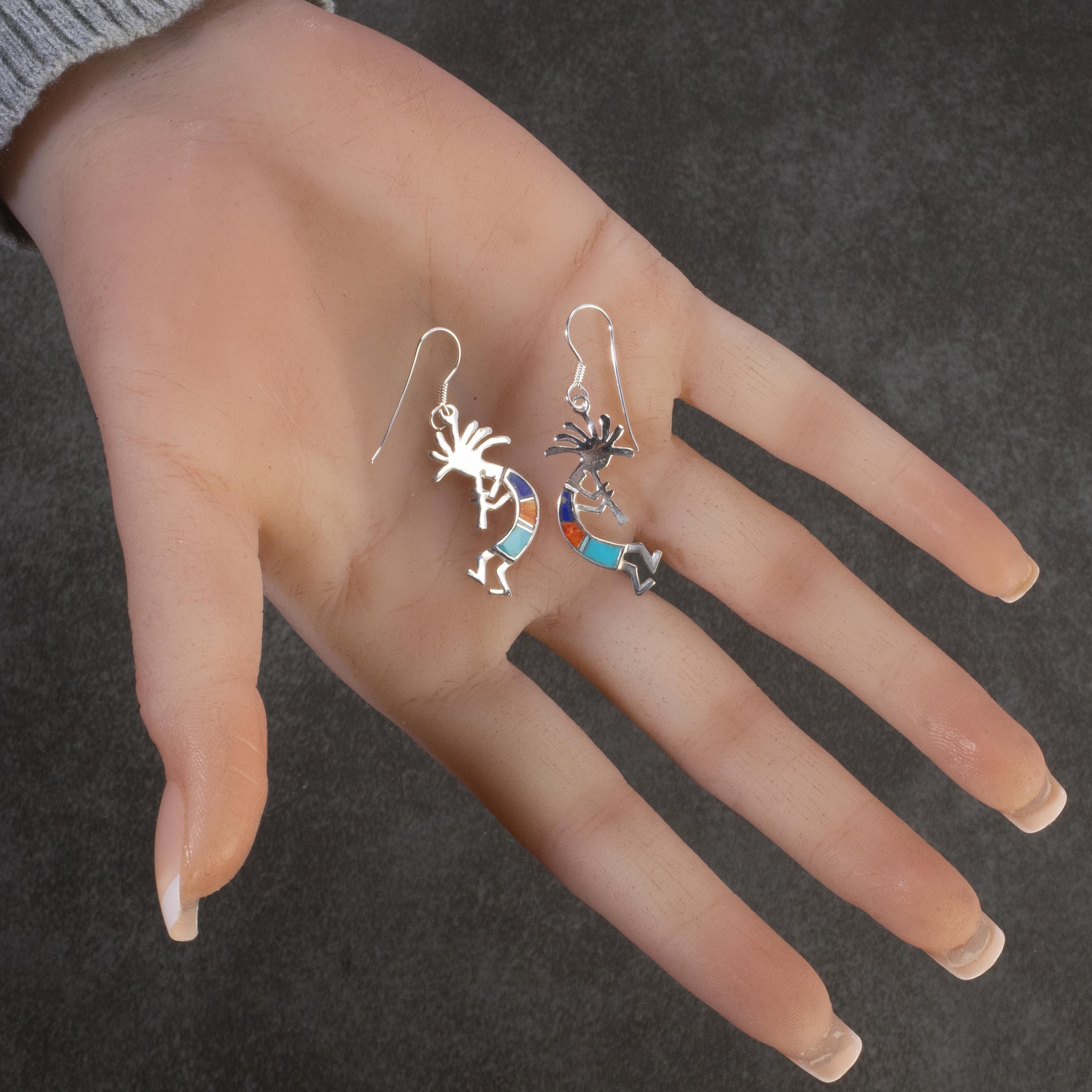 KALIFANO Southwest Silver Jewelry Multi Gemstone Kokopelli Sterling Silver Earrings with French Hook USA Handmade with Opal Accent NME.2150.MT