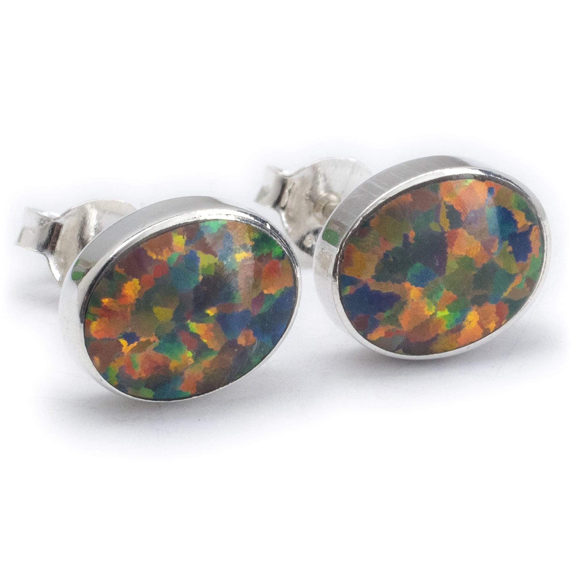 Kalifano Southwest Silver Jewelry Rainbow Opal Oval 925 Sterling Silver Earring with Stud Backing Handmade NME.0023.RO