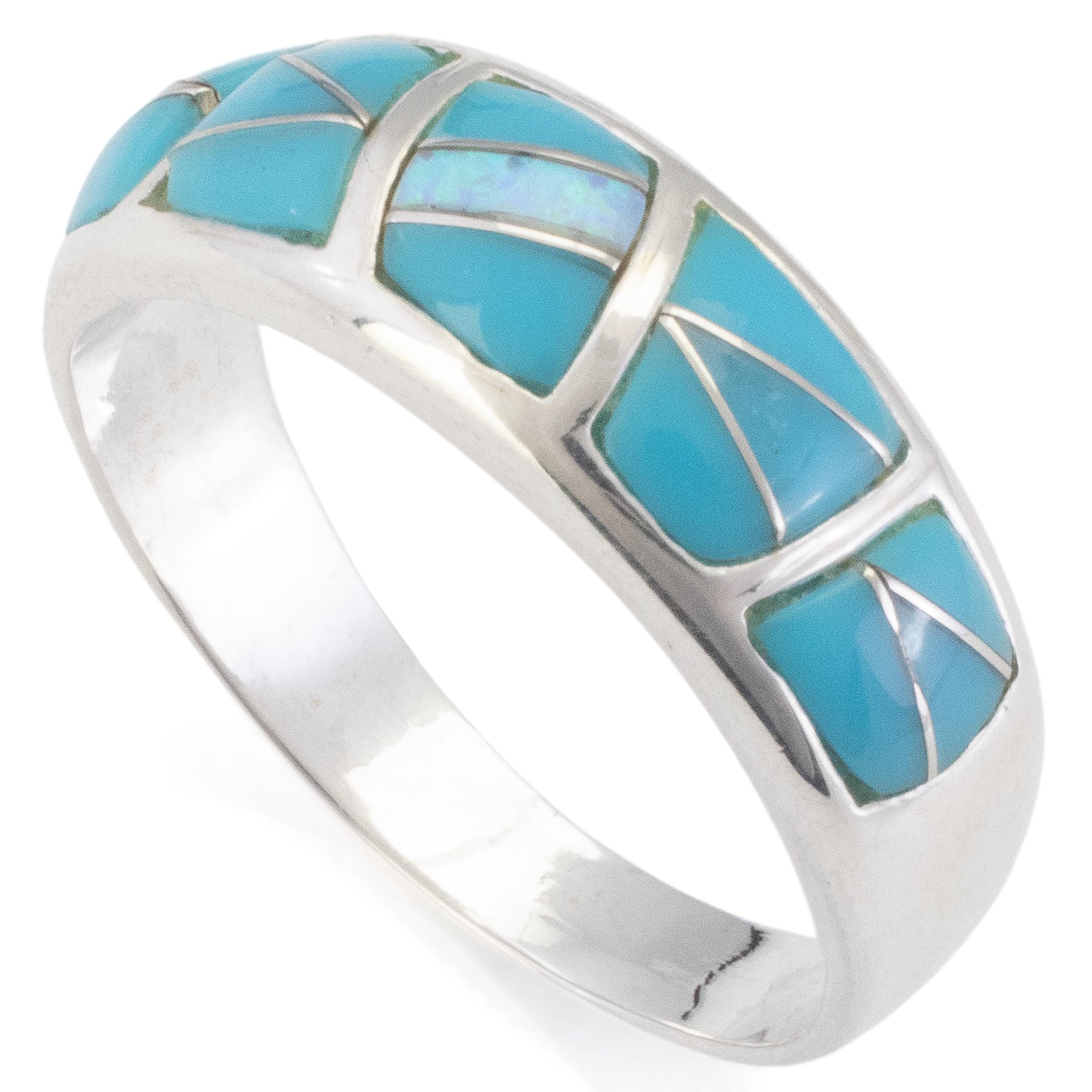 Kalifano Southwest Silver Jewelry Turquoise 925 Sterling Silver Ring Handmade with Laboratory Opal Accent