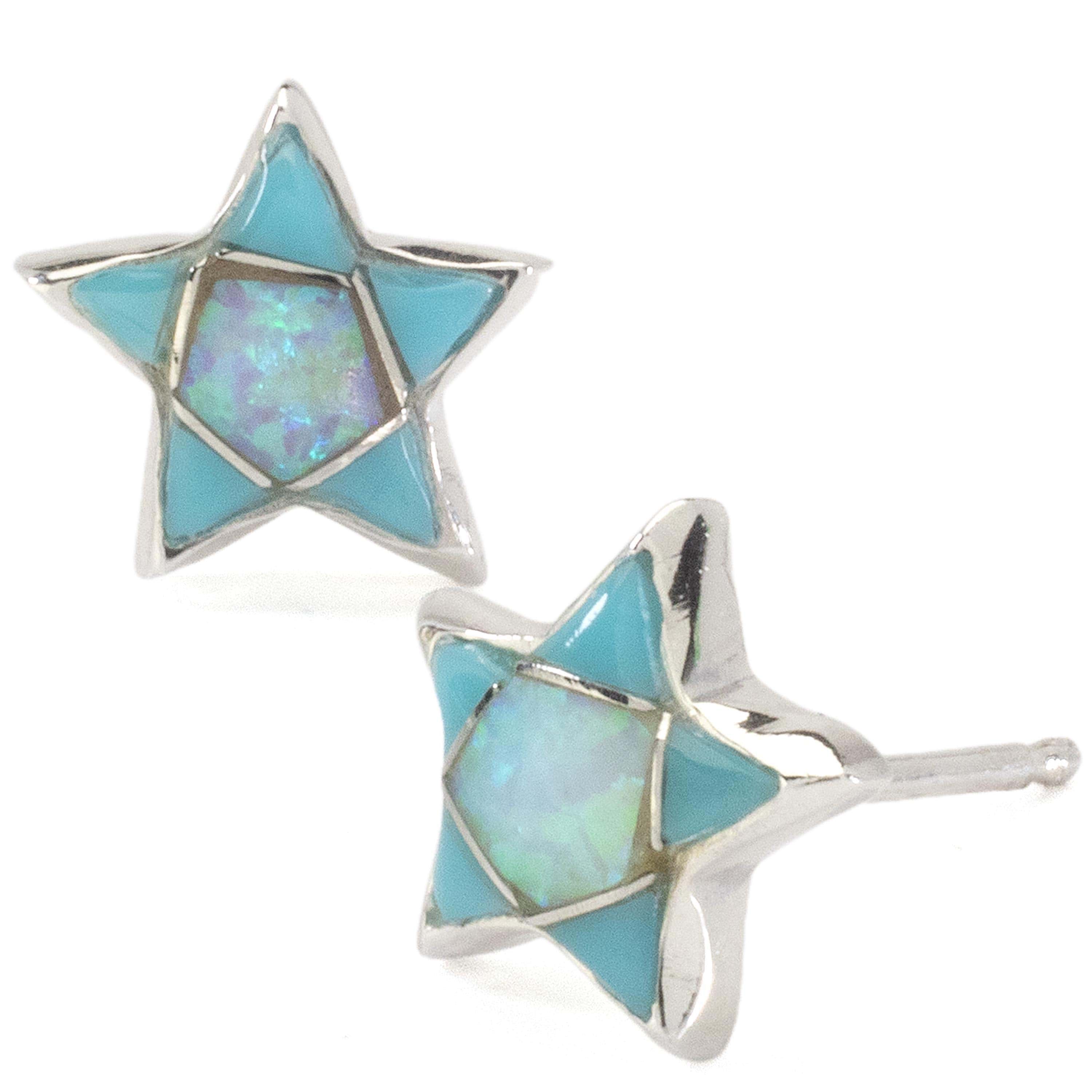 Kalifano Southwest Silver Jewelry Turquoise and Opal Star Earrings Handmade with Sterling Silver and Opal Accent NME.2243.TQ