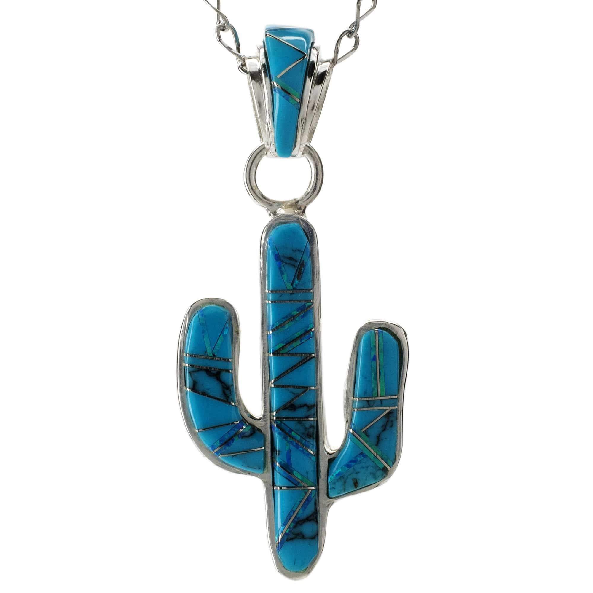 Kalifano Southwest Silver Jewelry Turquoise Cactus 925 Sterling Silver Pendant USA Handmade with Aqua Opal Accent NMN.0602.TQ