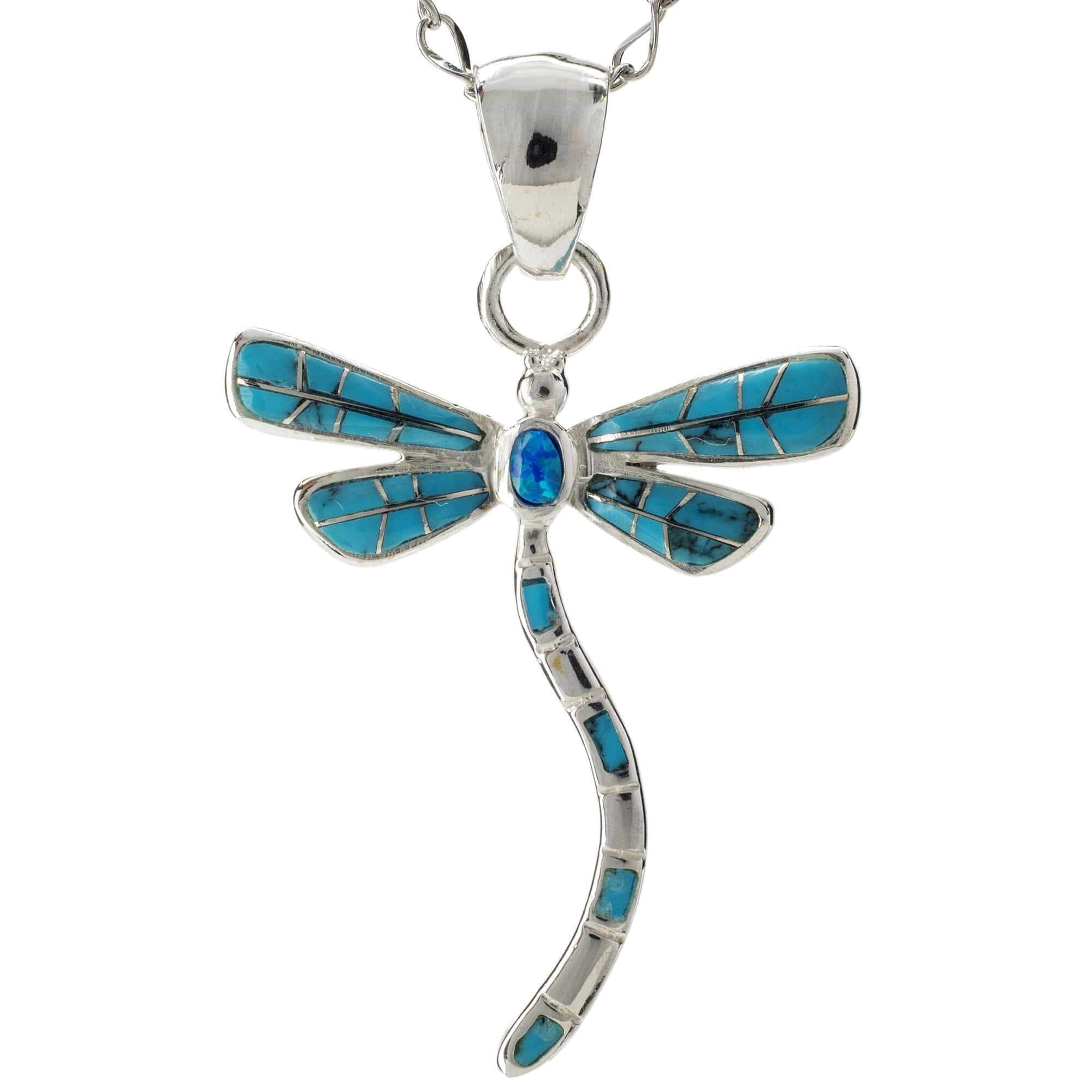 Kalifano Southwest Silver Jewelry Turquoise Dragonfly 925 Sterling Silver Pendant USA Handmade with Aqua Opal Accent NMN.0893.TQ