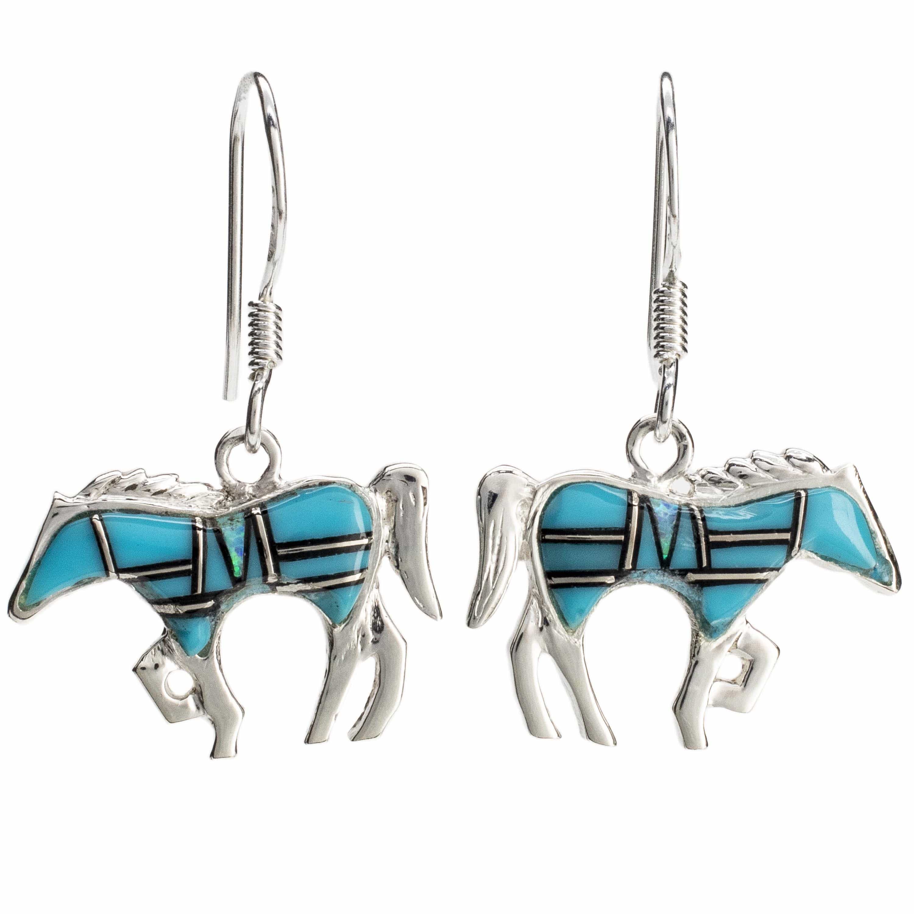 Kalifano Southwest Silver Jewelry Turquoise Horse Earrings Handmade with Sterling Silver and Black Onyx and Opal Accent NME.1089.TQ