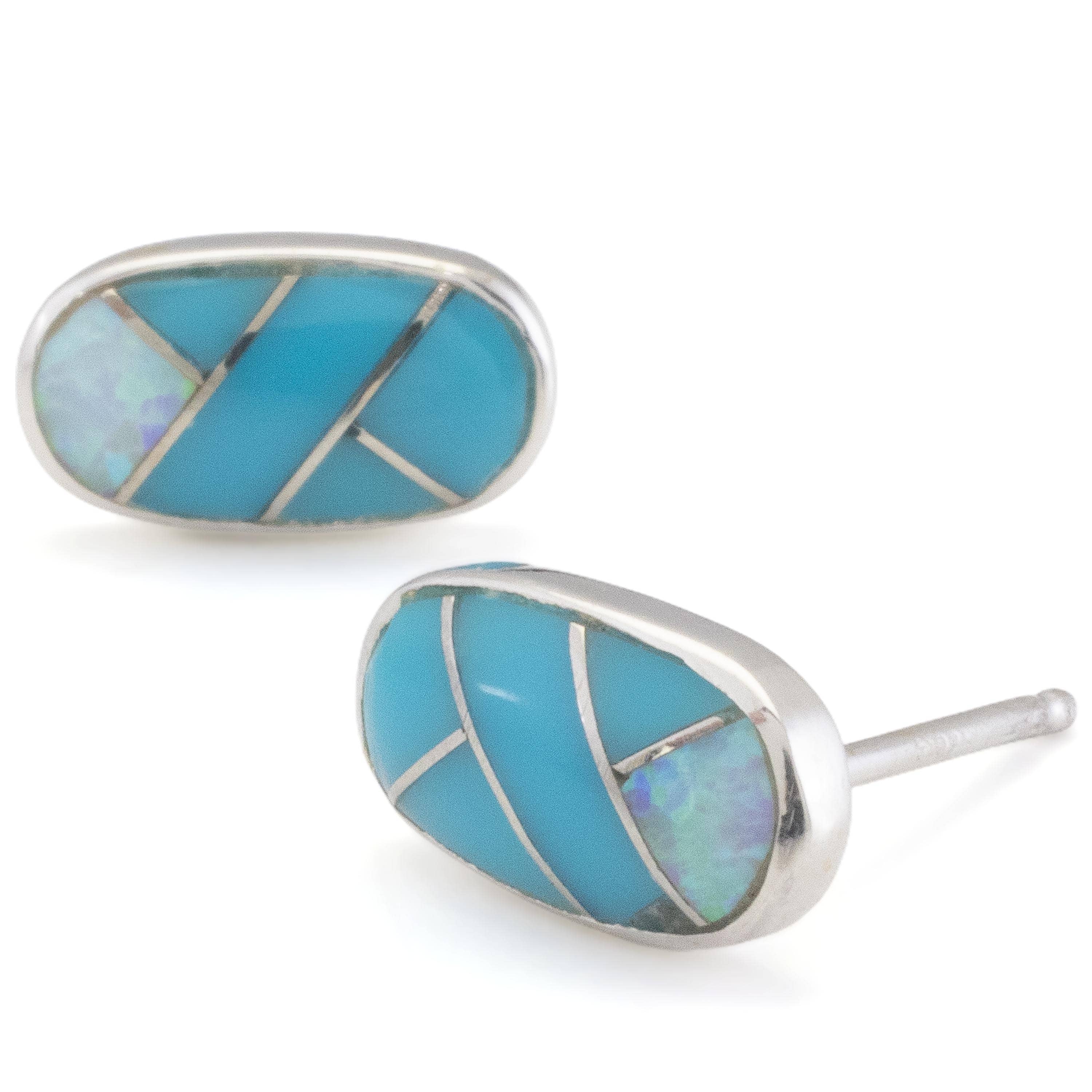 Kalifano Southwest Silver Jewelry Turquoise Oval Earrings Handmade with Sterling Silver and Opal Accent NME.2238.TQ