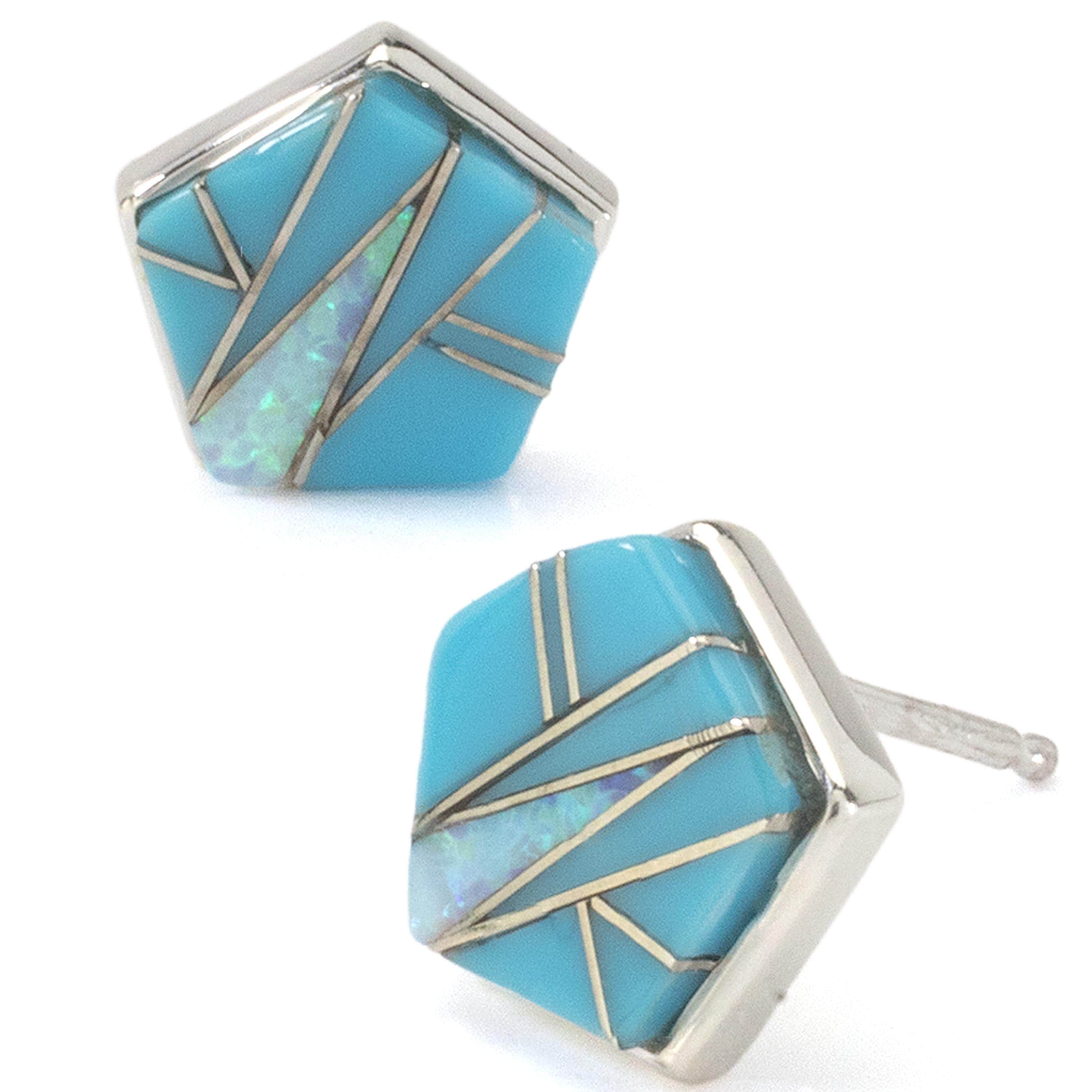 KALIFANO Southwest Silver Jewelry Turquoise Pentagon Earrings Handmade with Sterling Silver and Opal Accent NME.2270.TQ