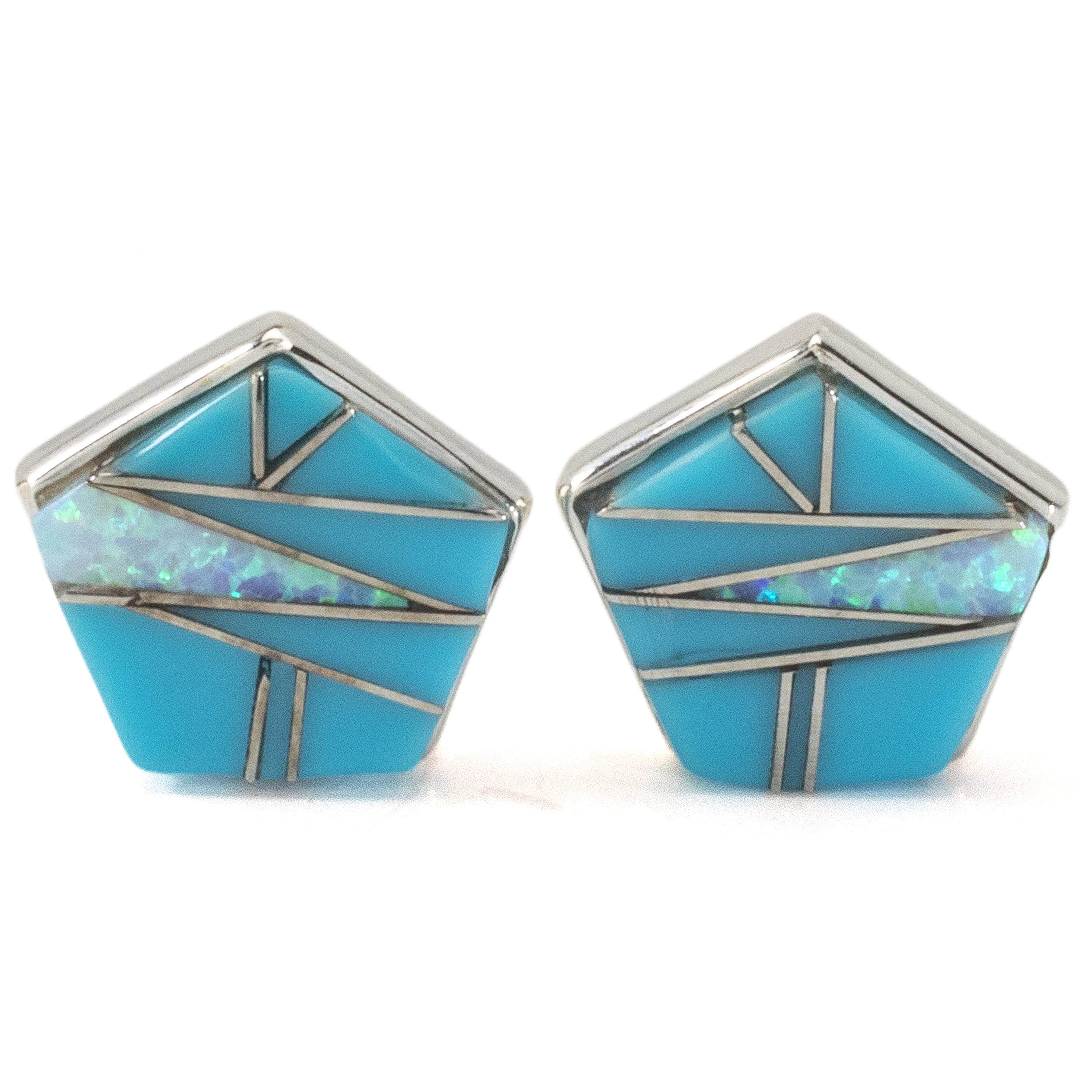 KALIFANO Southwest Silver Jewelry Turquoise Pentagon Earrings Handmade with Sterling Silver and Opal Accent NME.2270.TQ