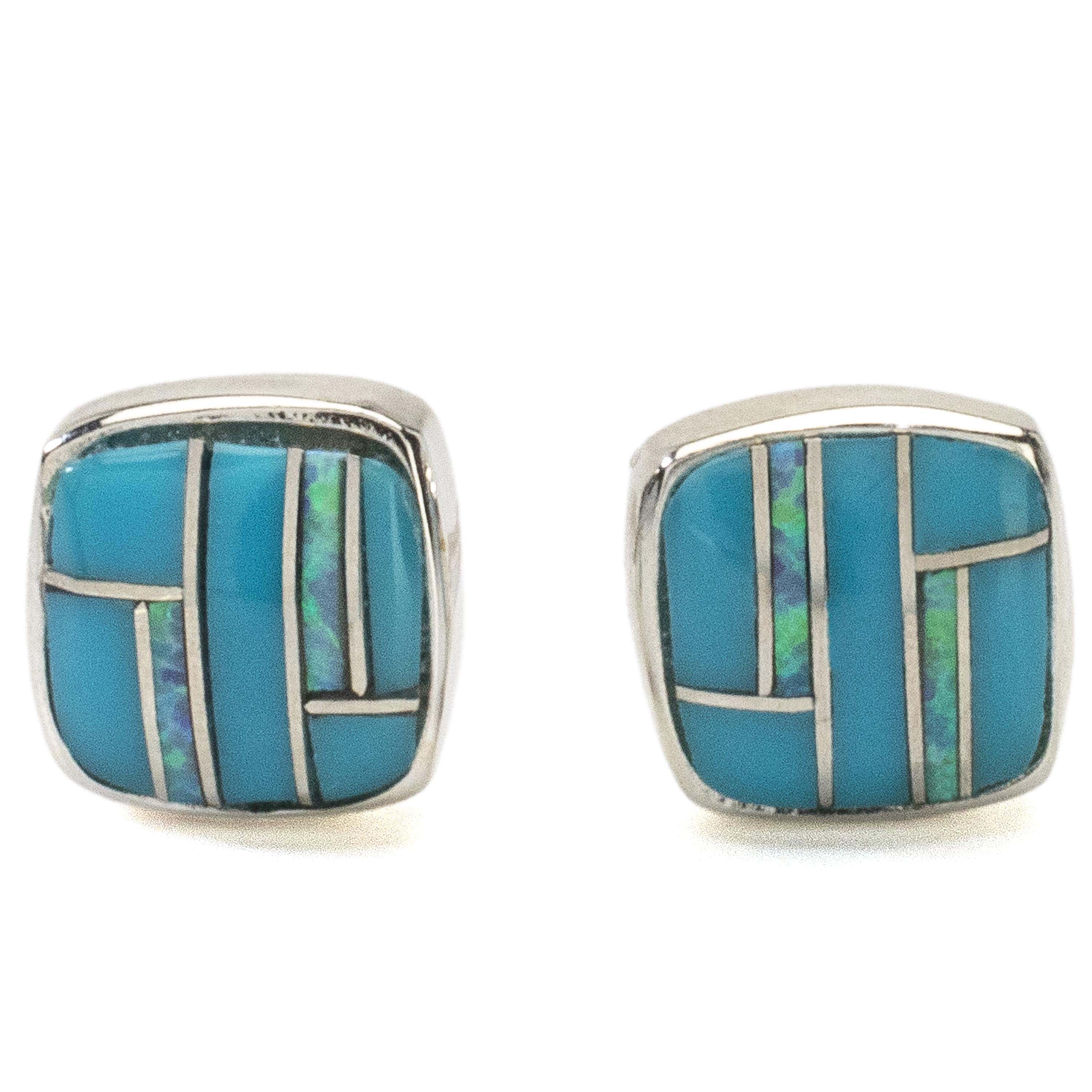 Kalifano Southwest Silver Jewelry Turquoise Square 925 Sterling Silver Earring with Stud Backing USA Handmade with Opal Accent NME.2241.TQ