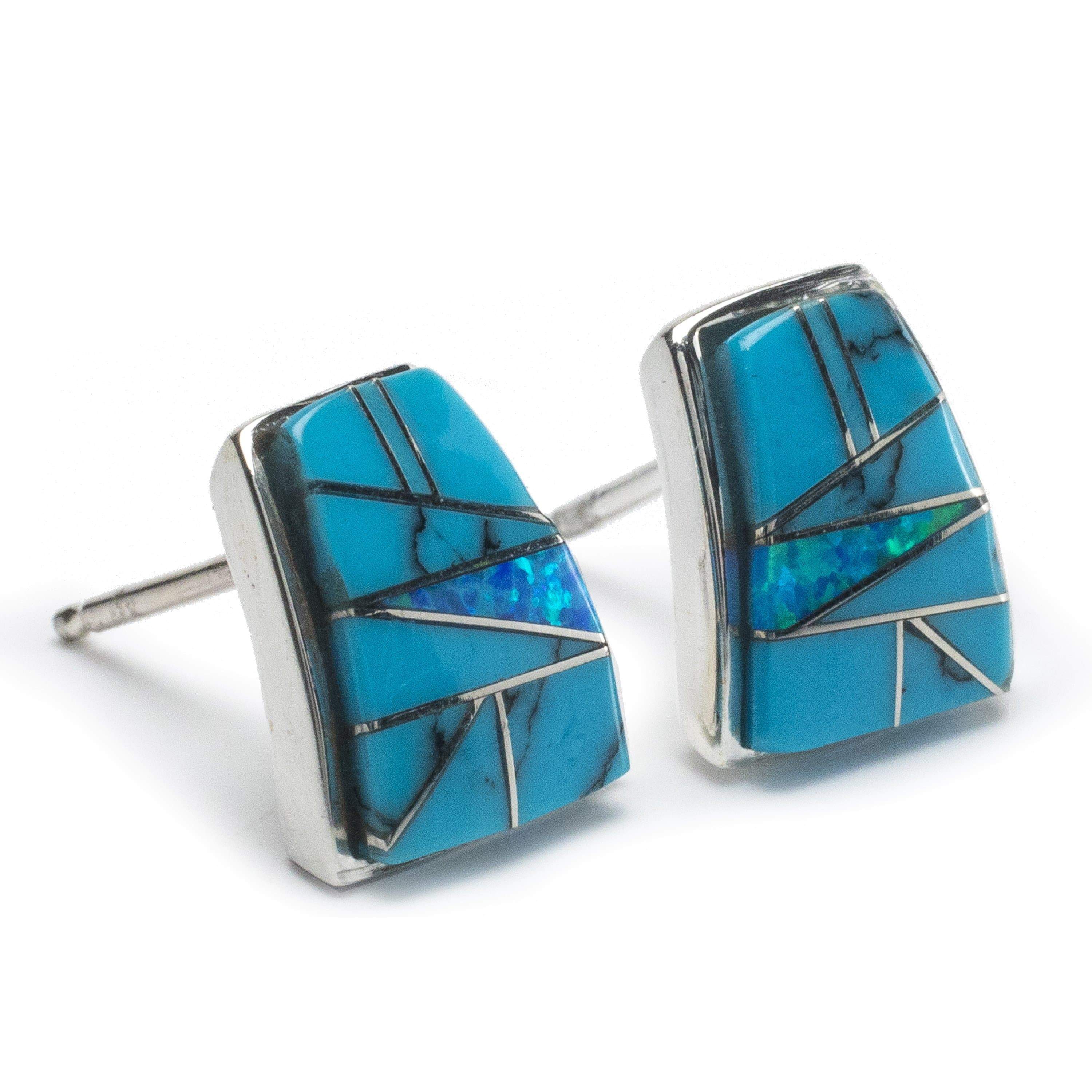 Kalifano Southwest Silver Jewelry Turquoise Stud 925 Sterling Silver Earring with Stud Backing USA Handmade with Opal Accent NME.0366.TQ