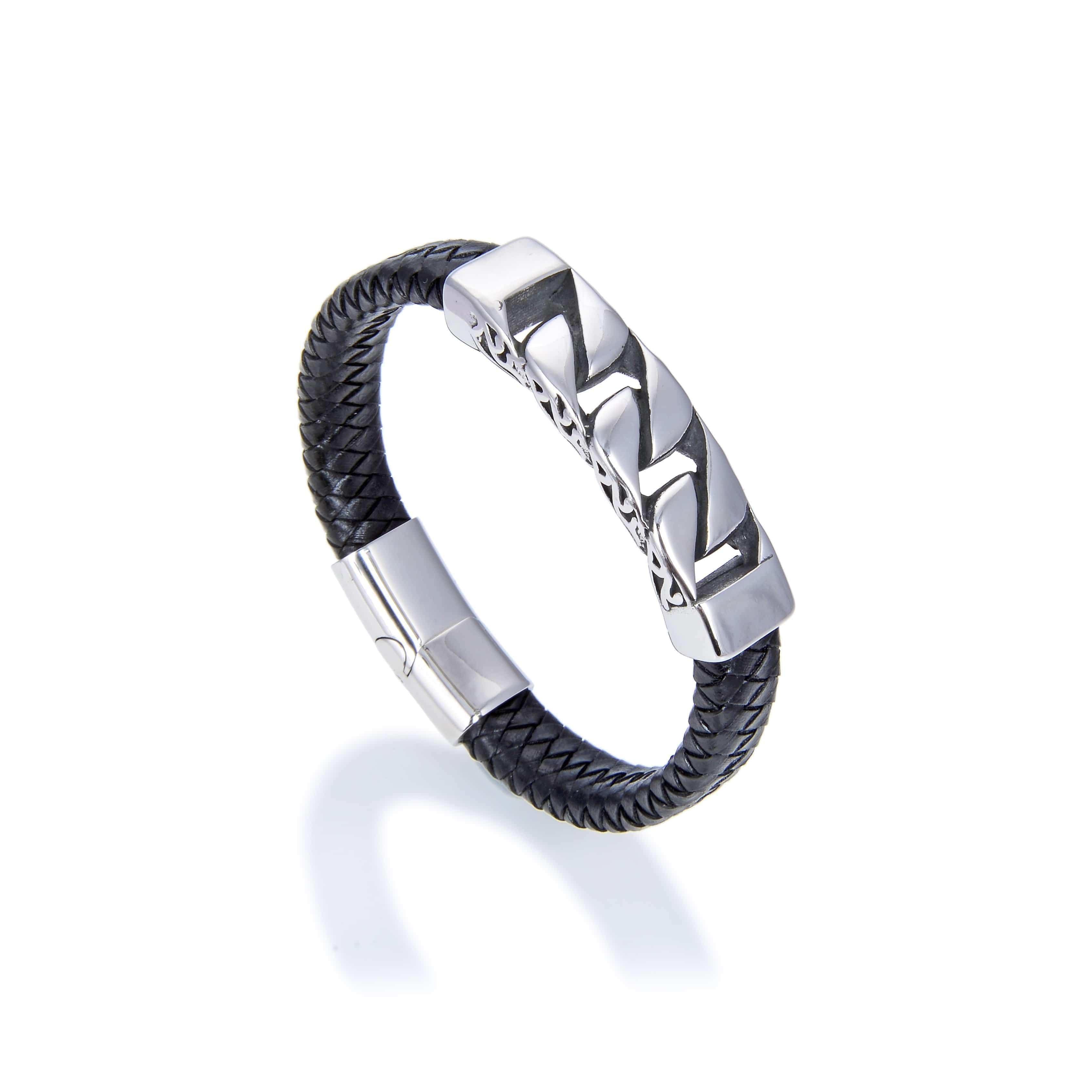Kalifano Steel Hearts Jewelry Steel Hearts Flat Curb Chain Black Leather Bracelet SHB200-68