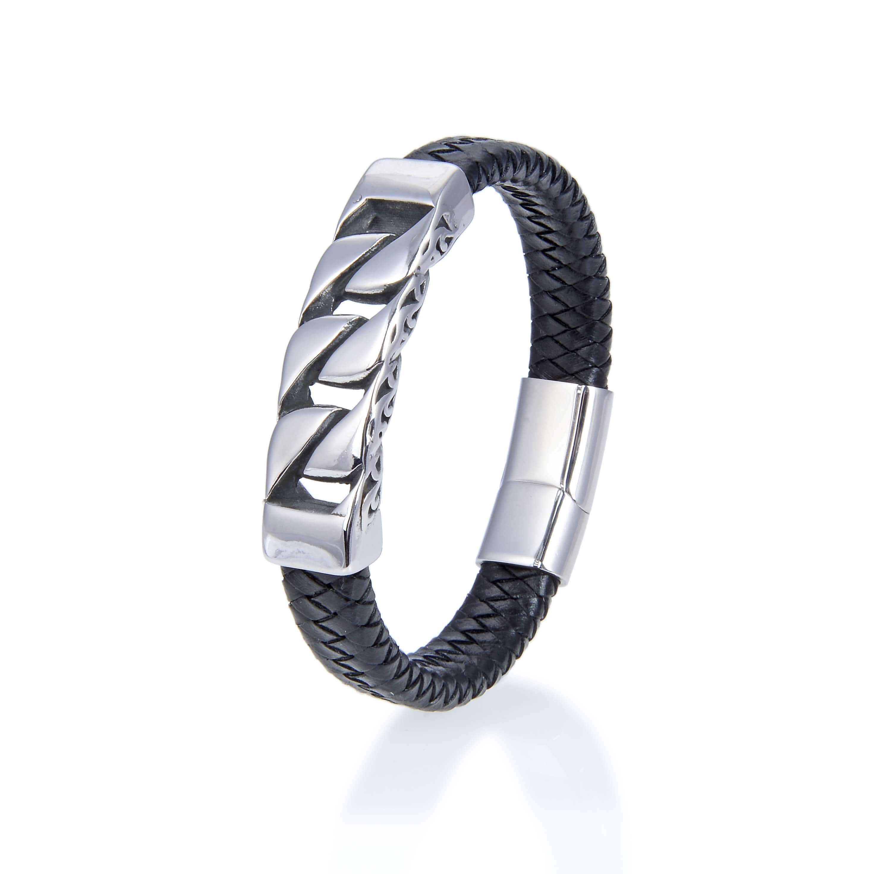 Kalifano Steel Hearts Jewelry Steel Hearts Flat Curb Chain Black Leather Bracelet SHB200-68