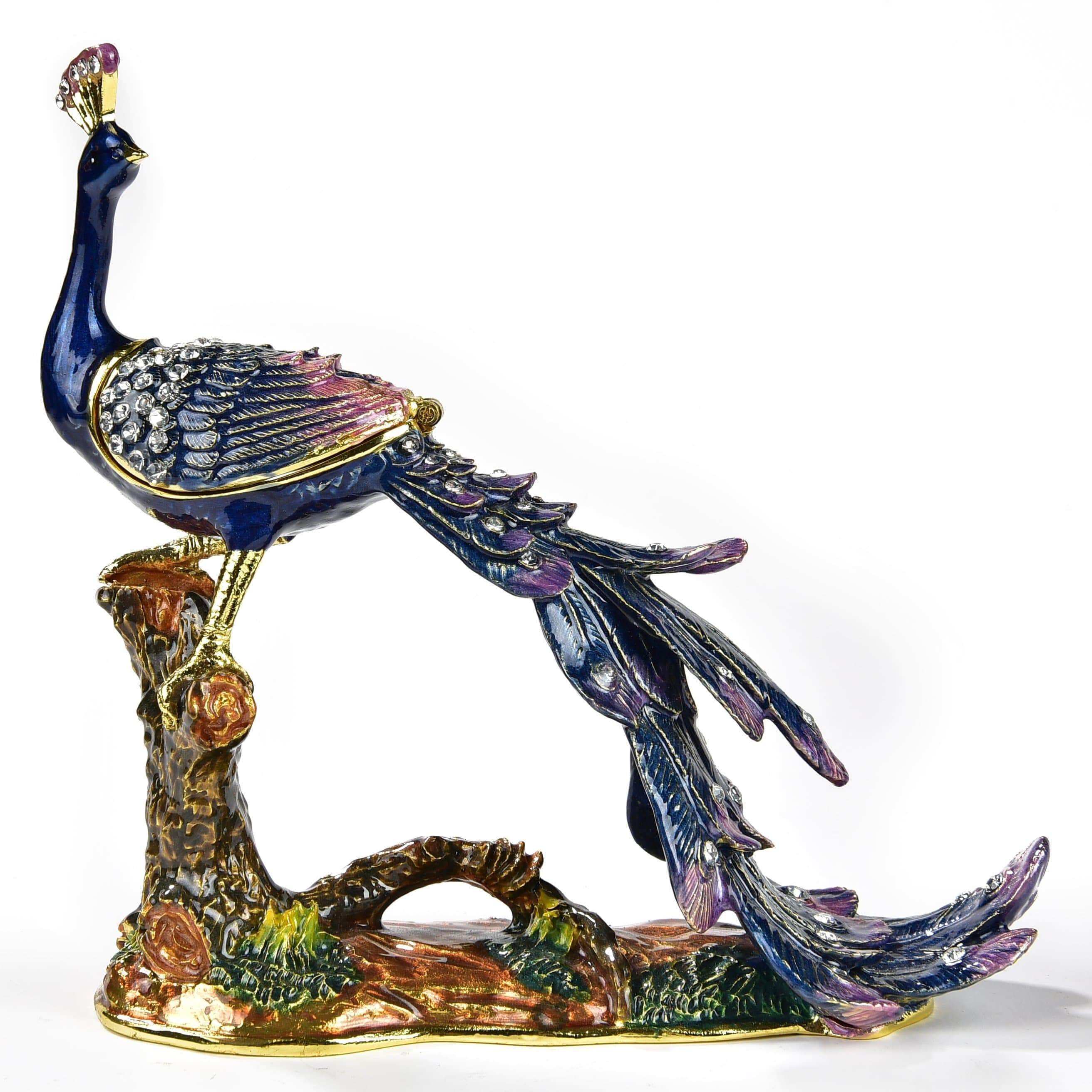 Kalifano Vanity Figurine Peacock on Branch Figurine Keepsake Box made with Crystals SVA-062